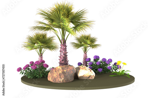Shrubs and flower plants on a white background, 3D rendering. photo