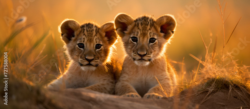 Lion cubs with mother in Masani Mara National Park  Lioness and cub hiding in grass tranquil beauty in nature. © Fatima