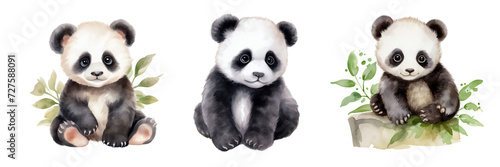 Set of watercolor cute panda clipart.