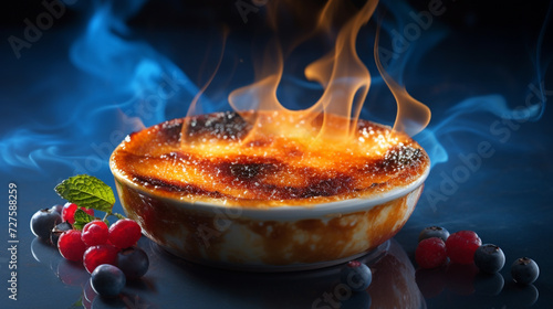 Creamy brulee, a golden delight. The velvety custard beneath a crisp caramelized surface invites a symphony of textures. A decadent treat with a luscious vanilla embrace.