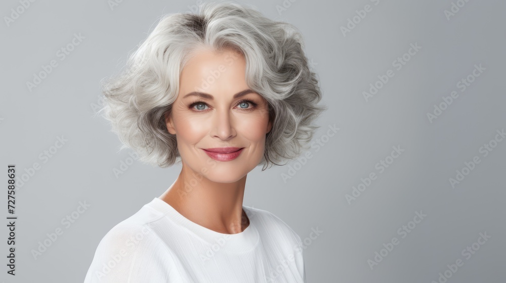 Beautiful gorgeous 50s mid aged mature woman looking at camera on white. Mature old lady close up portrait. Healthy face skin care beauty, middle age skincare cosmetics, cosmetology concept