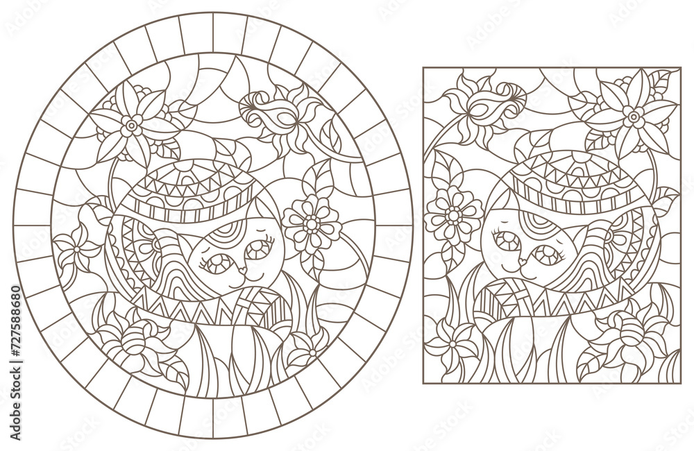 A set of contour illustrations of stained glass cats on a background of flowers, dark outline on a white background