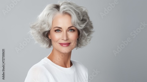 Beautiful gorgeous 50s mid aged mature woman looking at camera on white. Mature old lady close up portrait. Healthy face skin care beauty, middle age skincare cosmetics, cosmetology concept