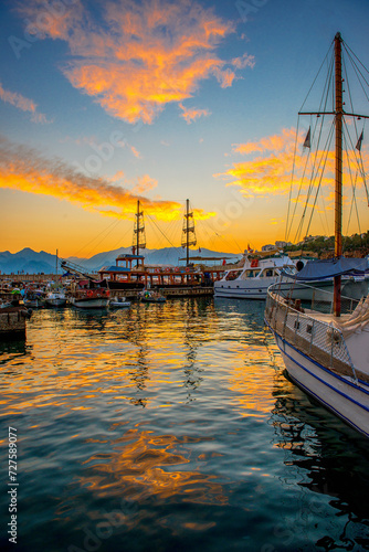 Panoramic view of harbor in Antalya Kaleici Old Town. Port and boats . Antalya, Turkey