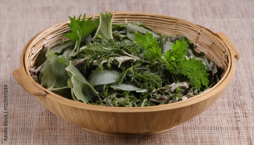 A wooden bowl filled with fresh herbs A wooden bowl filled with fresh herbs