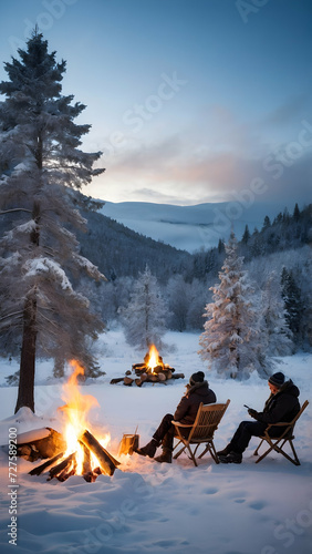 a winter wonderland with a bonfire surrounded by snow-covered trees in a wilderness setting