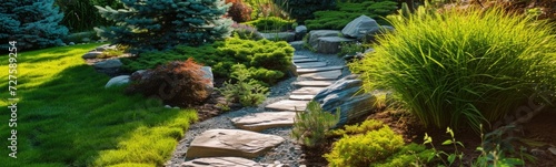 Stone path leading up to a garden with plants
