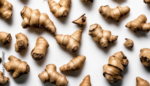 A bunch of ginger root on a white background