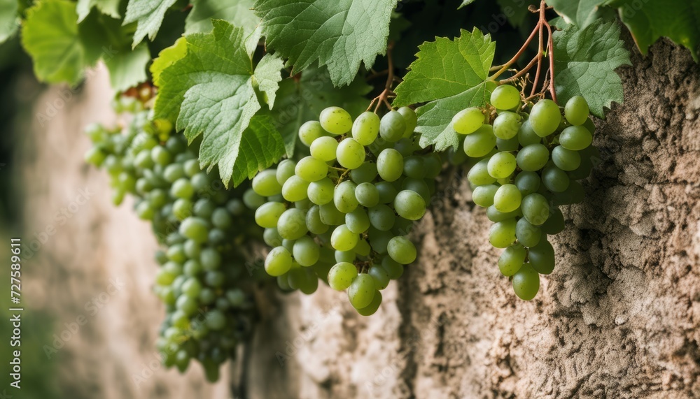A bunch of green grapes hanging from a vine