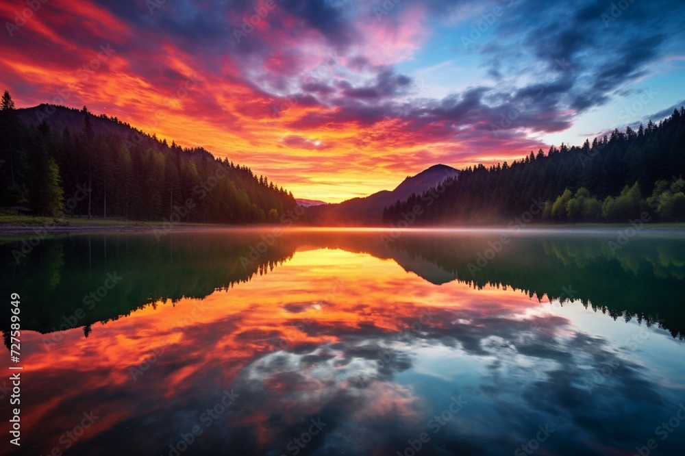 : A vibrant sunrise over a tranquil lake with reflections of lush green mountains and a colorful sky.