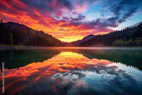   A vibrant sunrise over a tranquil lake with reflections of lush green mountains and a colorful sky.