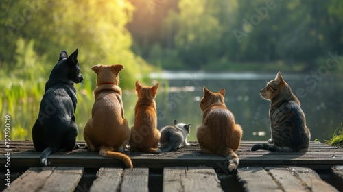 Dogs and cats sit back to back on a wooden bridge by the river. photo
