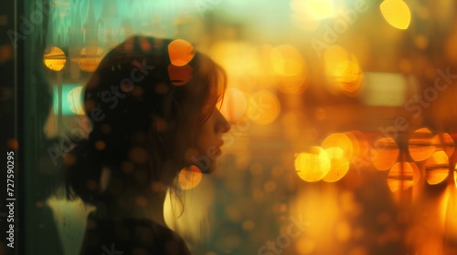 Quiet Observance: A woman with social anxiety watches from the sidelines, her solitude emphasized against the blurred background of social interaction.