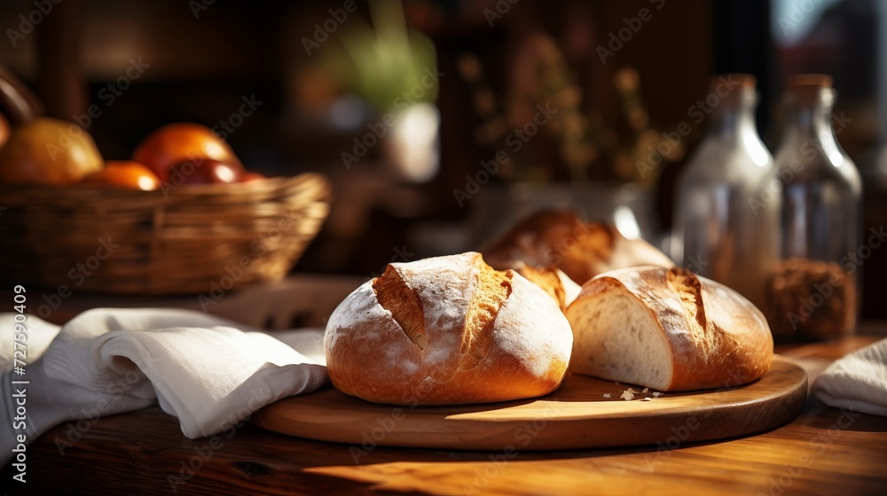 Delicious loaf of bread on the plate on the dining table kitchen interior generate ai Delicious loaf of bread on the plate on the dining table kitchen interior generate ai
