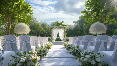 empty garden aisle. beautiful outdoor ceremony area with chairs covered in white. modern engagement decoration. photo