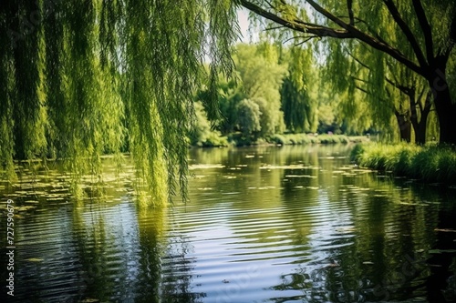: A tranquil pond surrounded by weeping willows, their branches gracefully trailing in the water.