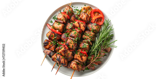 Barbecue skewers, food arranged on a plate, front view, white background