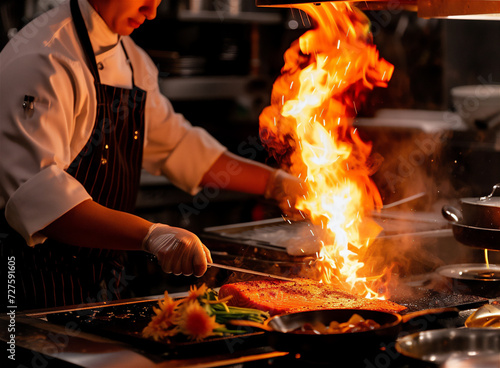 the open kitchen restaurant chef cooking by flambeed skill