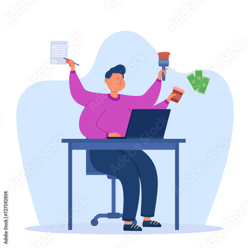 Man with many hands doing simultaneously several tasks: working on laptop, signing contract, drinking coffee, painting with brush. Vector illustration. Man working multiple and part-time jobs. Occupat