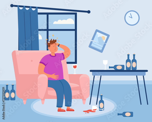Man suffering from hangover vector illustration. Man with terrible headache sitting in armchair, empty bottles and glaas of wine nearby. Headache, hangover aftermath concept