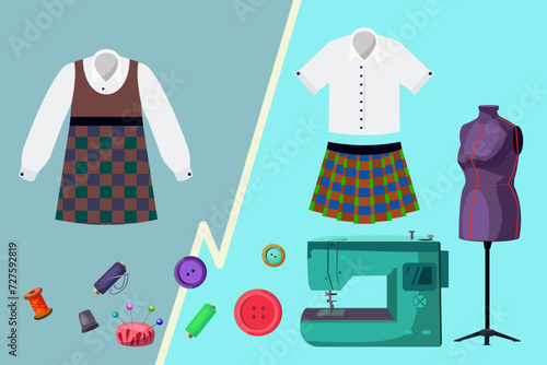 Sewing machine, dummy and new clothes made from old dress. Vector illustration. Threads, needle, buttons, thimble. Remaking old clothes into new ones. Sewing, fashion concept