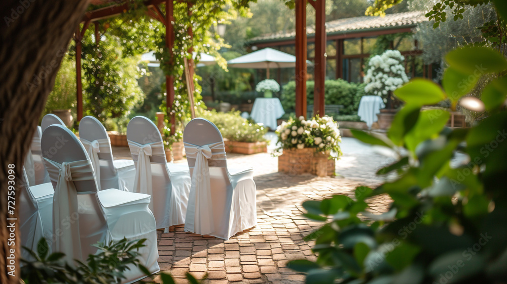 empty garden aisle. beautiful outdoor ceremony area with chairs covered in white. modern engagement decoration.