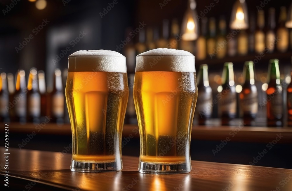 Two glasses of light beer on the bar, dimmed lights in the pub, space for text