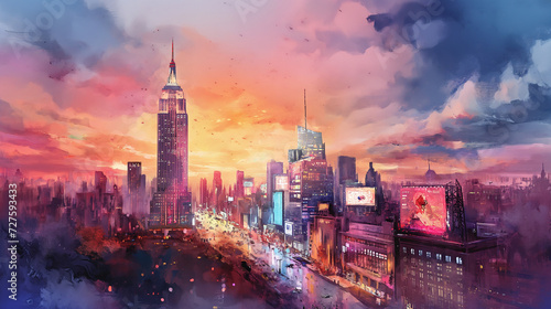 Watercolor Wonders of New York: Empire State and Times Square at Sunset