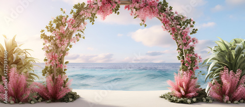  green season scenery grass aerial Pastel Blue Sky Wedding Wedding arch with flowers on a tropical beach.