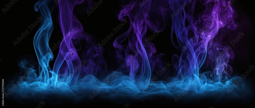Obraz premium Purple Blue smoke effect on dark background, ideal for spooky themes.