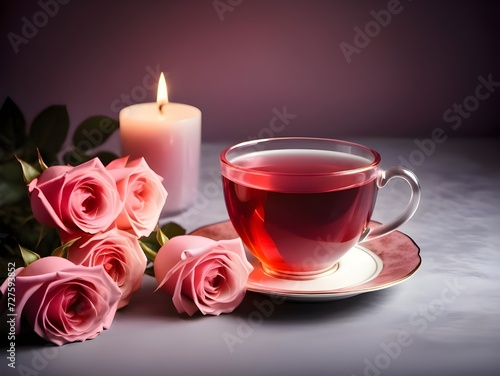 Closeup of fresh aromatic rose tea with rose flowers on table in candlelit evening. Organic or natural, hot herbal healthy beverage. Vitamin tea for weight loss. Tea shop, café bar menu, party concept