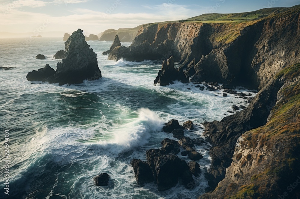 : A rugged coastline with waves crashing against cliffs, showcasing the power of the sea.