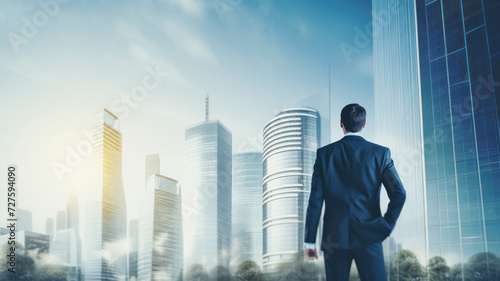 A professional man wearing a suit stands at a vantage point, observing the cityscape spread out before him.
