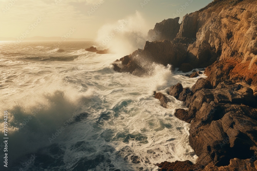 : A rugged coastline with waves crashing against cliffs, showcasing the power of the sea.