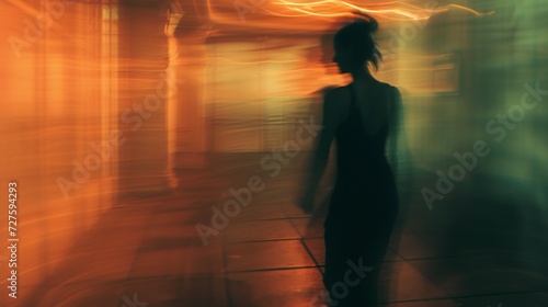 Social Anxiety Aura: In a lively room, a woman with social anxiety casts a solitary shadow, her figure distinct amidst blurred surroundings.