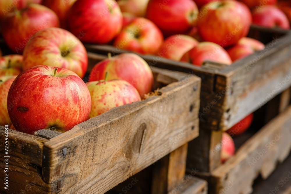 Close-up of wooden crates full of ripe apples Close-up of wooden crates full of ripe apples