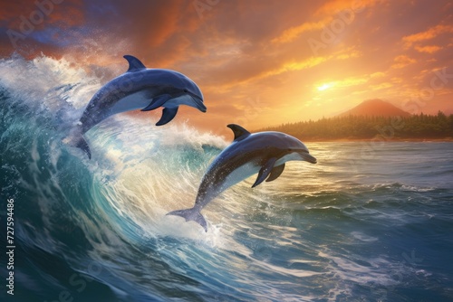 Two dolphins are leaping out of the water with grace and agility. © pham