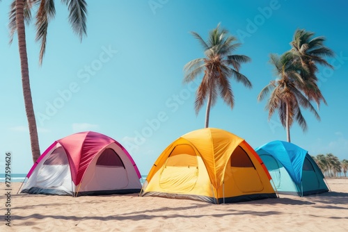 Several tents are positioned on a sandy beach, providing shelter for individuals or groups enjoying the beach and camping activities.