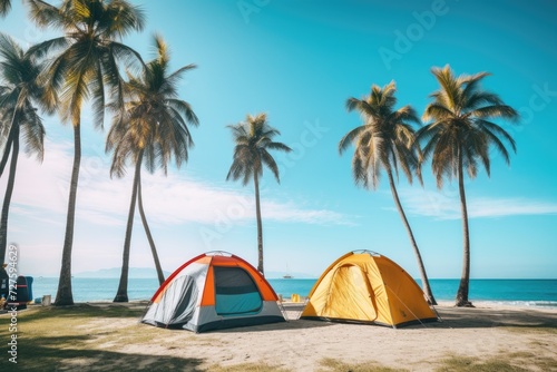 Two tents positioned on top of a sandy beach under a clear blue sky.