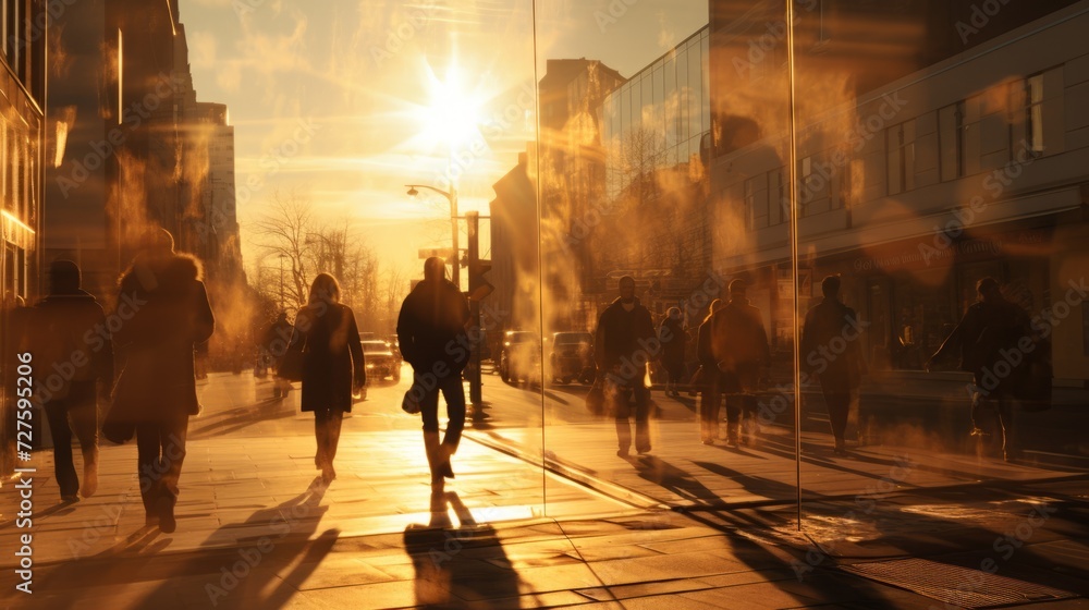 People walking down a city street at sunset. Silhouettes of people with shadows, the golden hour.