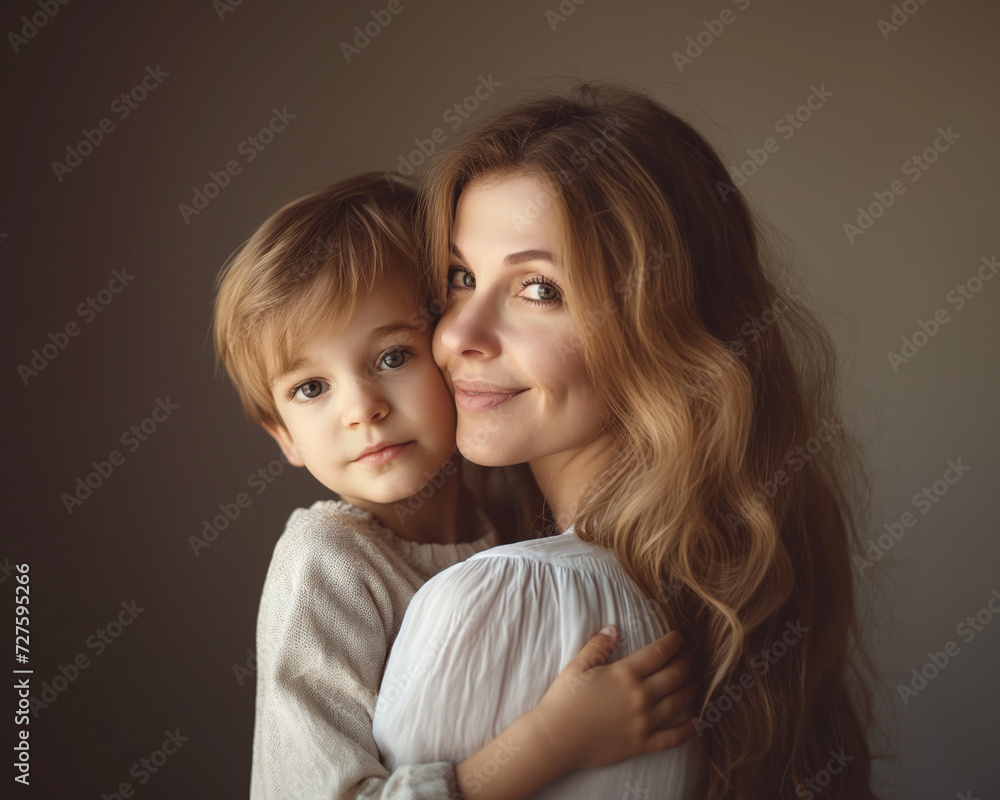 Sweet Studio Portrait of a Smiling Mother and her Little Son, Embracing Each Other in a Heartwarming Display of Love and Joy Sweet Studio Portrait of a Smiling Mother and her Little Son, Embracing Each Other in a Heartwarming Display of Love and Joy