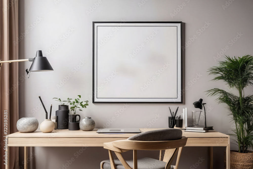 Modern Home Office Mockup - Frame on Living Room Wall, Stylish Interior Design.
Modern Home Office Mockup - Frame on Living Room Wall, Stylish Interior Design.