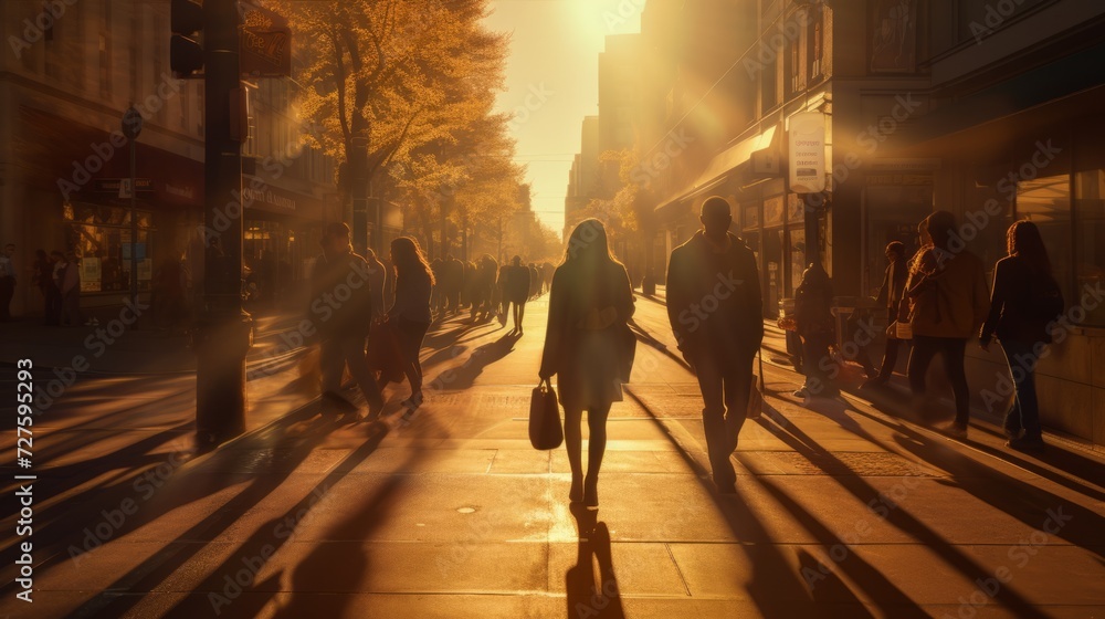 People walking down a city street at sunset. Silhouettes of people with shadows, the golden hour. People walking down a city street at sunset. Silhouettes of people with shadows, the golden hour.