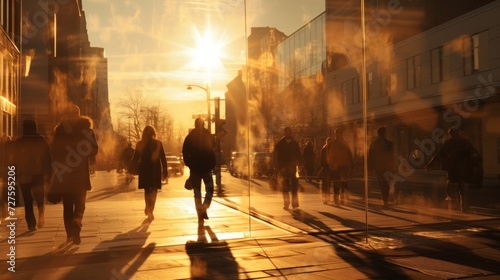 People walking down a city street at sunset. Silhouettes of people with shadows, the golden hour.