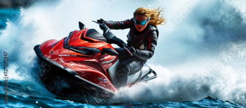 Woman Speeding on a Red Jet Sky in a Burst of Intense Action © jeff