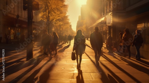 People walking down a city street at sunset. Silhouettes of people with shadows, the golden hour.