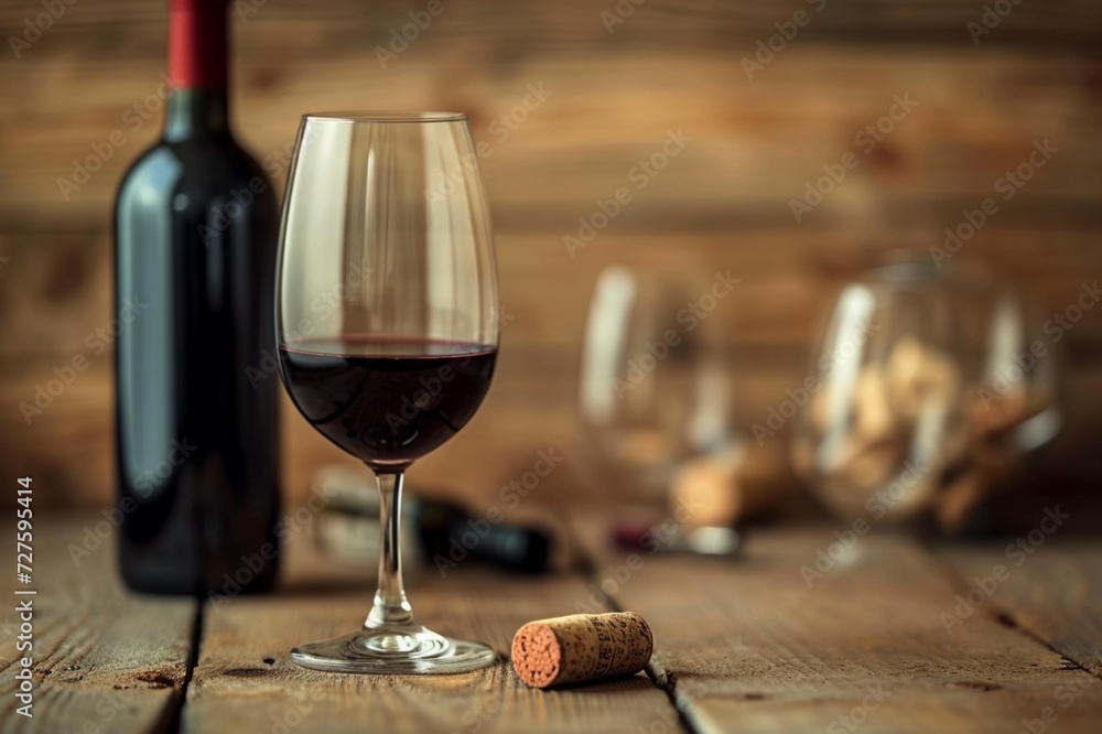 : A wine bottle with a cork and a wine glass in the background.