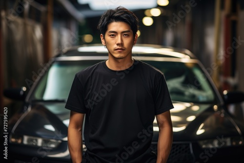 A young man wearing a casual outfit stands confidently next to a parked car in a spacious outdoor setting. © pham