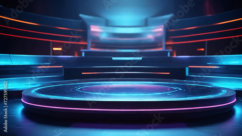 Game circle blue neon stage screen hologram platform podium for commercial products. Virtual 3D podium Hud design technology background portal cyber tech digital element show space future , product photo