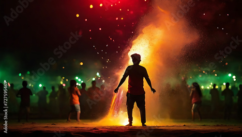 Diwali Fire Cracker explosions, Cracker Explosive splash red, yellow, green color powder dusk with silhouette of crowd playing in the background. wide background copy space, dipawali